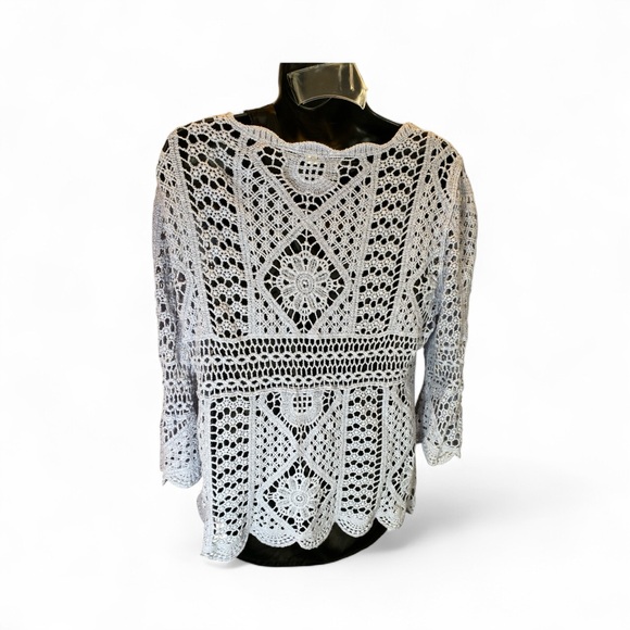 Ultra Pink Crochet Lace Blouse 100% Cotton Periwinkle Boho Top M - Picture 7 of 8